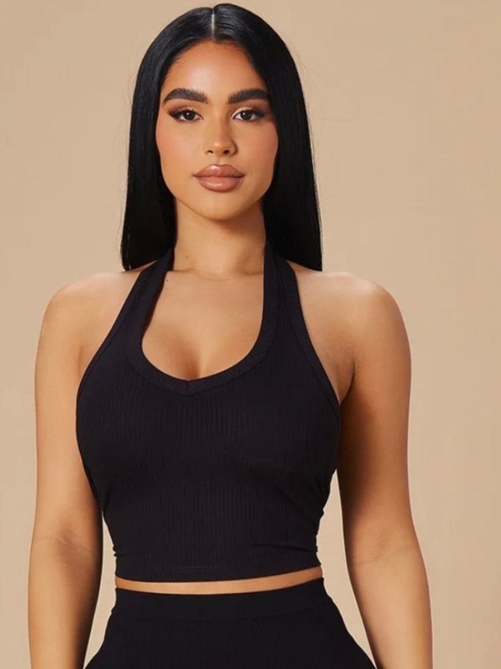Fashion Nova Black Ribbed Halter Crop Tank
